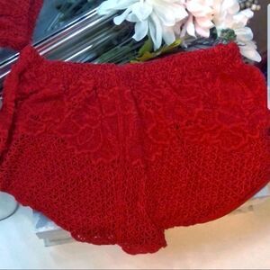 Native Rose Red Lace Crochet Floral High Rise Shorts